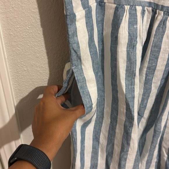 Garnet Hill Seamed Linen Popover Dress Striped White Blue Short Sleeve - Picture 5 of 7